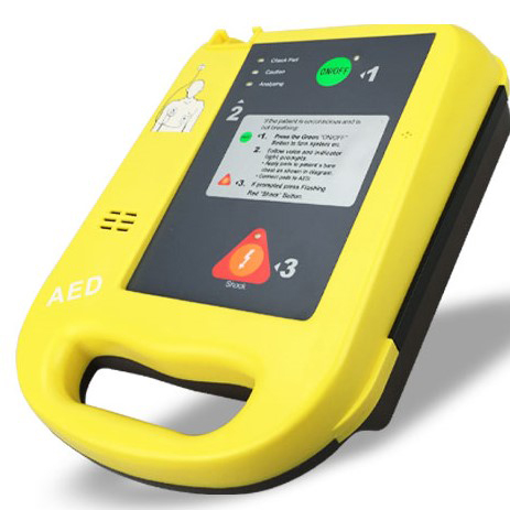 Pohled na žlutý automatický externí Defibrilátor Meditech Defi 5
