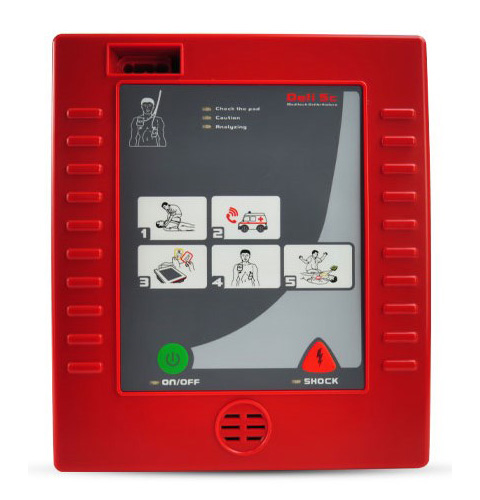 Pohled na červený automatický externí Defibrilátor Meditech Defi 5c