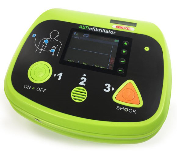 Pohled na zelený automatický externí Defibrilátor Meditech Defi 6